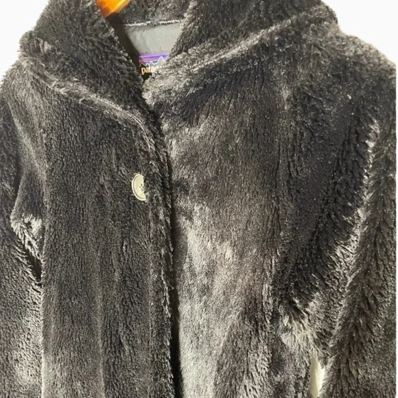 Patagonia Pelage Faux Fur Jacket Girls XL 14 Black Shawl Collar Cozy - Picture 5 of 9